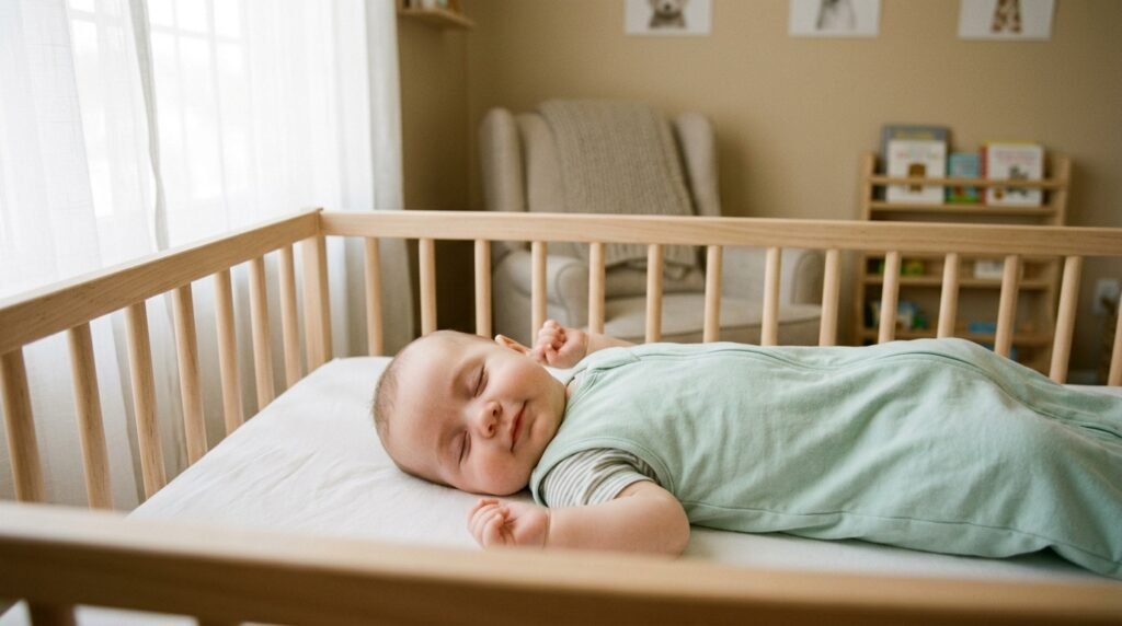 Bebê dormindo tranquilamente em ambiente seguro, com luz suave e expressão relaxada.