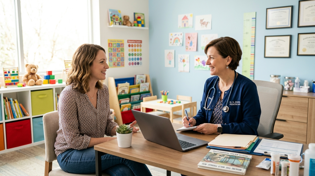 Consulta pediátrica para avaliar desenvolvimento do bebê